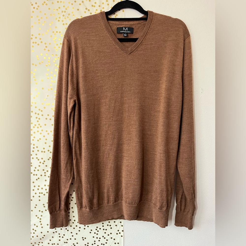 Magaschoni Men's 100% Wool Tan V-Neck Sweater size Large Tall